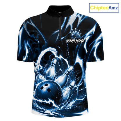 Turquoise Storm Thunder Lightning Bowling Polo & 1/4 Quarter Zip Shirt For Men Custom Bowling Team Jersey NBT991