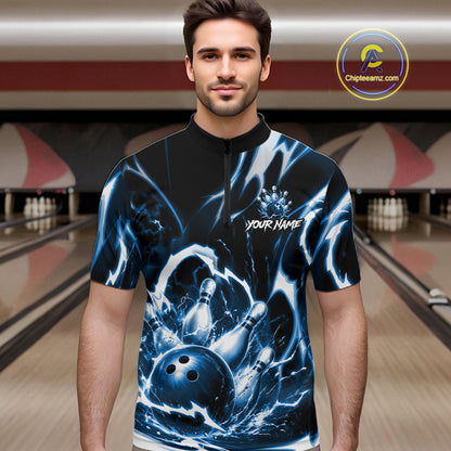 Turquoise Storm Thunder Lightning Bowling Polo & 1/4 Quarter Zip Shirt For Men Custom Bowling Team Jersey NBT991