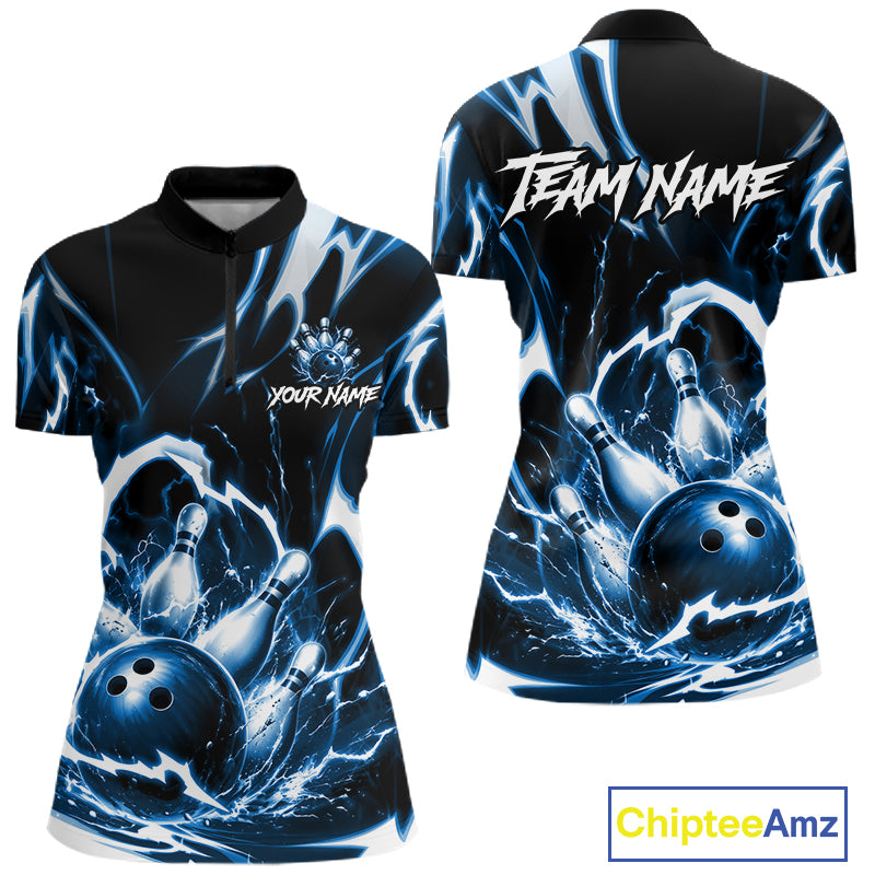 Turquoise Storm Thunder Lightning Bowling Polo & 1/4 Quarter Zip Shirt For Women Custom Bowling Team Jersey NBT991
