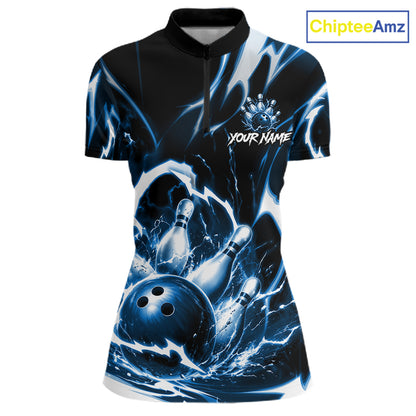 Turquoise Storm Thunder Lightning Bowling Polo & 1/4 Quarter Zip Shirt For Women Custom Bowling Team Jersey NBT991