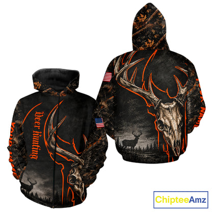 Best Orange Camouflage Deer Hunting Custom Name Deer Skull US Flag Shirts, Deer Hunting Clothes NBT1067