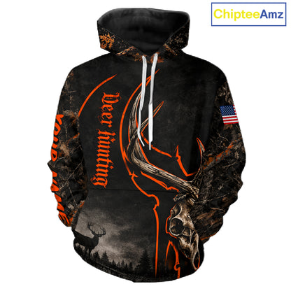 Best Orange Camouflage Deer Hunting Custom Name Deer Skull US Flag Shirts, Deer Hunting Clothes NBT1067