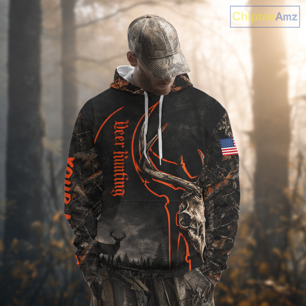 Best Orange Camouflage Deer Hunting Custom Name Deer Skull US Flag Shirts, Deer Hunting Clothes NBT1067