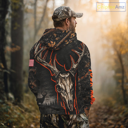 Best Orange Camouflage Deer Hunting Custom Name Deer Skull US Flag Shirts, Deer Hunting Clothes NBT1067