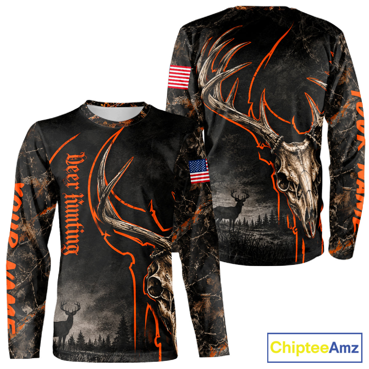 Best Orange Camouflage Deer Hunting Custom Name Deer Skull US Flag Shirts, Deer Hunting Clothes NBT1067