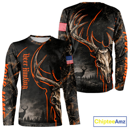 Best Orange Camouflage Deer Hunting Custom Name Deer Skull US Flag Shirts, Deer Hunting Clothes NBT1067
