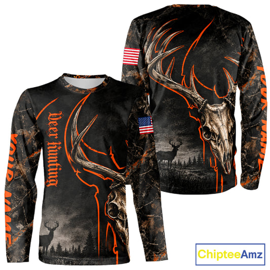 Best Orange Camouflage Deer Hunting Custom Name Deer Skull US Flag Shirts, Deer Hunting Clothes NBT1067
