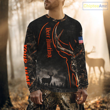 Best Orange Camouflage Deer Hunting Custom Name Deer Skull US Flag Shirts, Deer Hunting Clothes NBT1067