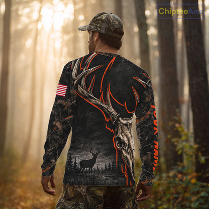 Best Orange Camouflage Deer Hunting Custom Name Deer Skull US Flag Shirts, Deer Hunting Clothes NBT1067