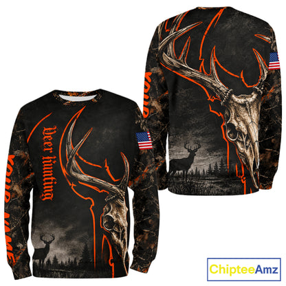 Best Orange Camouflage Deer Hunting Custom Name Deer Skull US Flag Shirts, Deer Hunting Clothes NBT1067