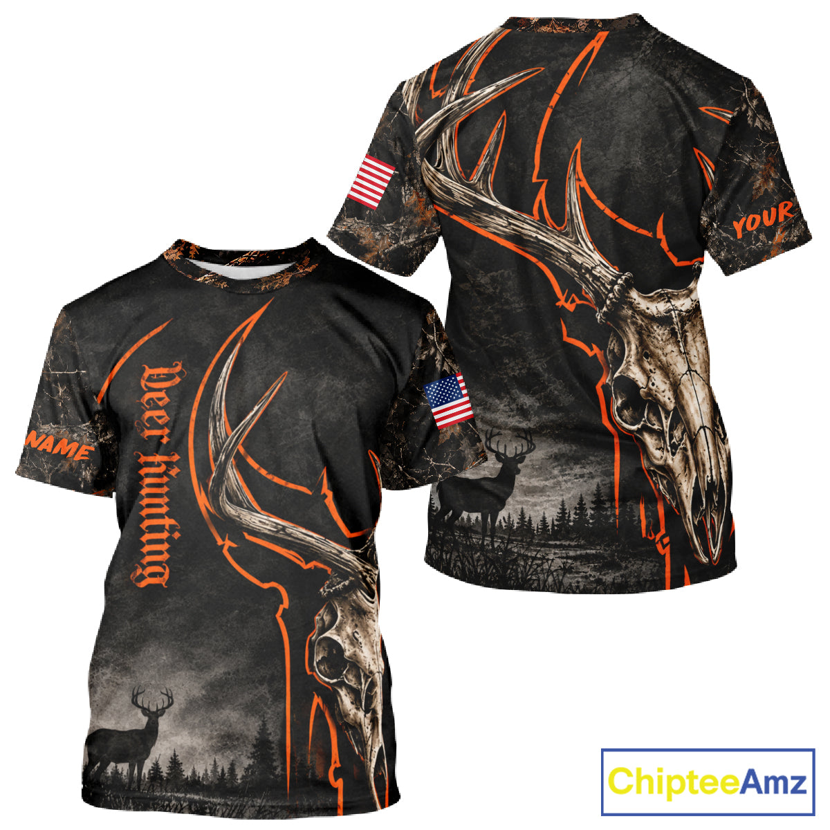 Best Orange Camouflage Deer Hunting Custom Name Deer Skull US Flag Shirts, Deer Hunting Clothes NBT1067