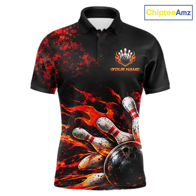 Black And Red Custom Flame Bowling Shirts For Men, Fire Bowling Team Shirt NBT1071