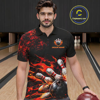 Black And Red Custom Flame Bowling Shirts For Men, Fire Bowling Team Shirt NBT1071