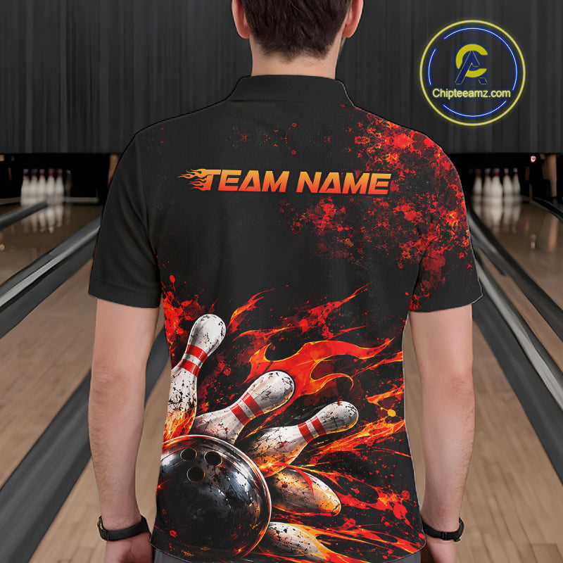 Black And Red Custom Flame Bowling Shirts For Men, Fire Bowling Team Shirt NBT1071