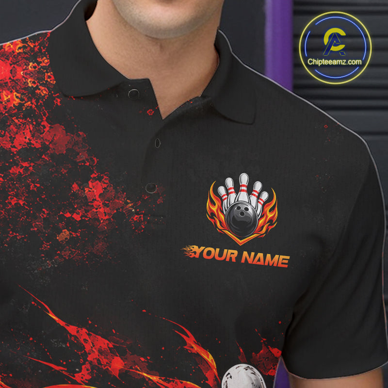 Black And Red Custom Flame Bowling Shirts For Men, Fire Bowling Team Shirt NBT1071