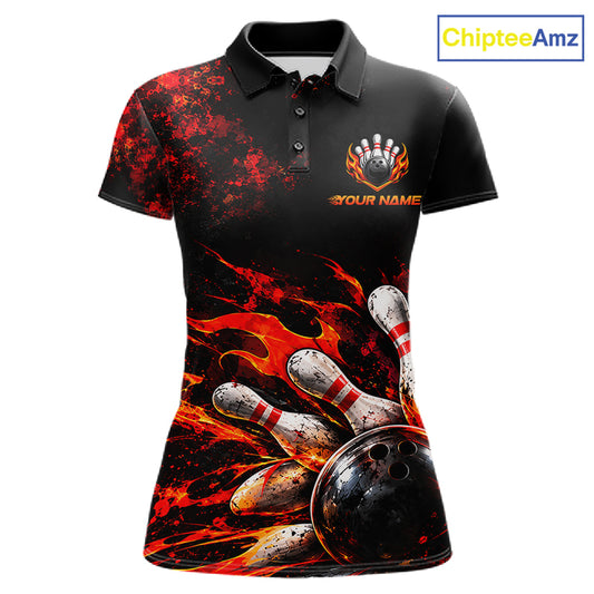 Black And Red Custom Flame Bowling Shirts For Women, Fire Bowling Team Shirt NBT1071