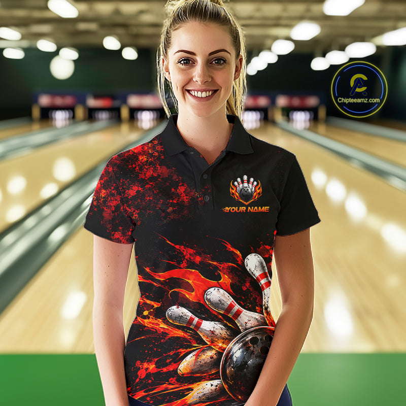 Black And Red Custom Flame Bowling Shirts For Women, Fire Bowling Team Shirt NBT1071