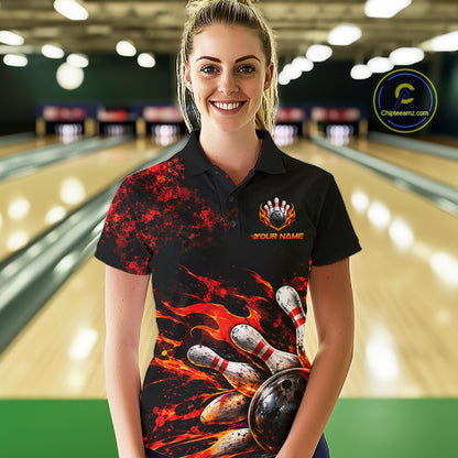 Black And Red Custom Flame Bowling Shirts For Women, Fire Bowling Team Shirt NBT1071
