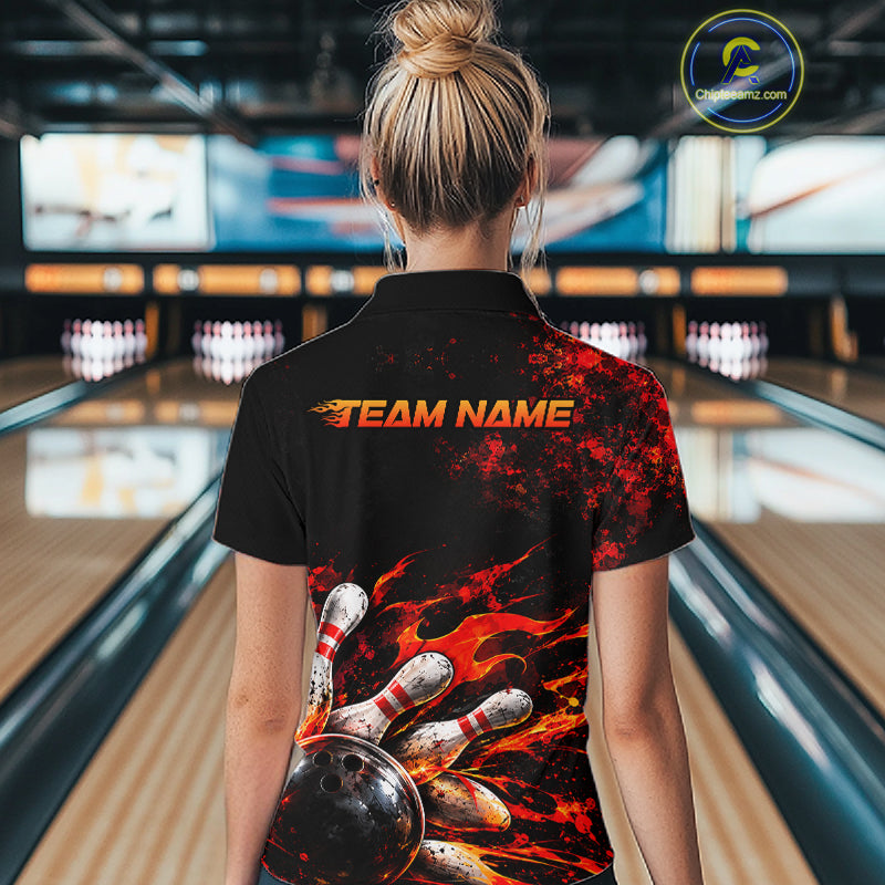 Black And Red Custom Flame Bowling Shirts For Women, Fire Bowling Team Shirt NBT1071