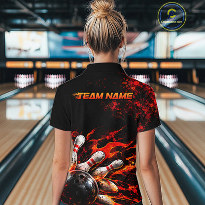 Black And Red Custom Flame Bowling Shirts For Women, Fire Bowling Team Shirt NBT1071