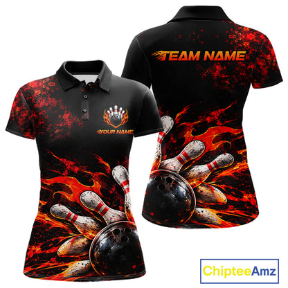 Black And Red Custom Flame Bowling Shirts For Women, Fire Bowling Team Shirt NBT1071