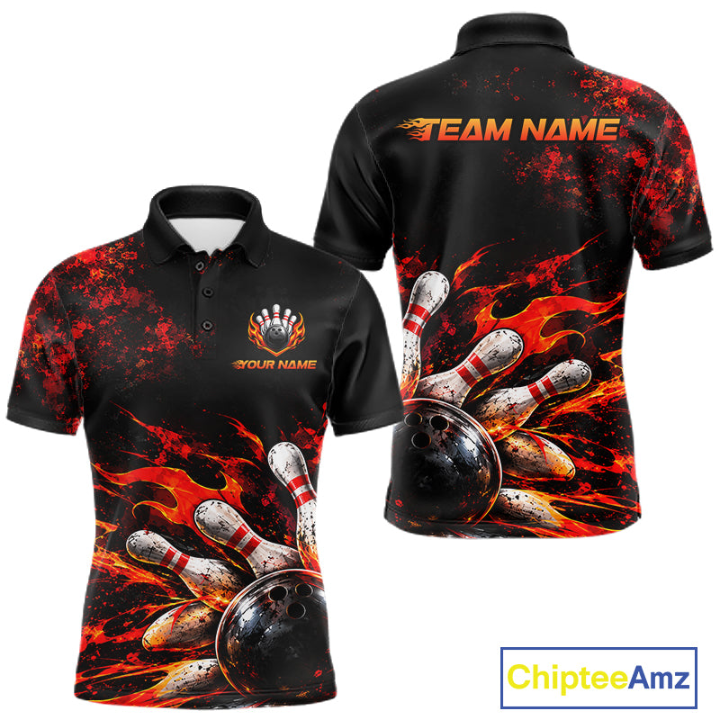 Black And Red Custom Flame Bowling Shirts For Men, Fire Bowling Team Shirt NBT1071