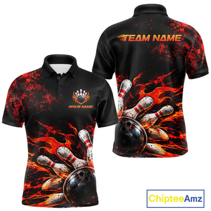 Black And Red Custom Flame Bowling Shirts For Men, Fire Bowling Team Shirt NBT1071