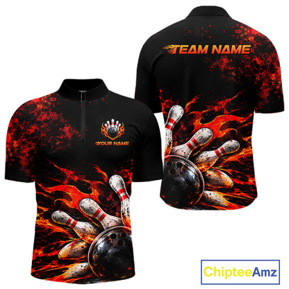 Black And Red Custom Flame Bowling Shirts For Men, Fire Bowling Team Shirt NBT1071