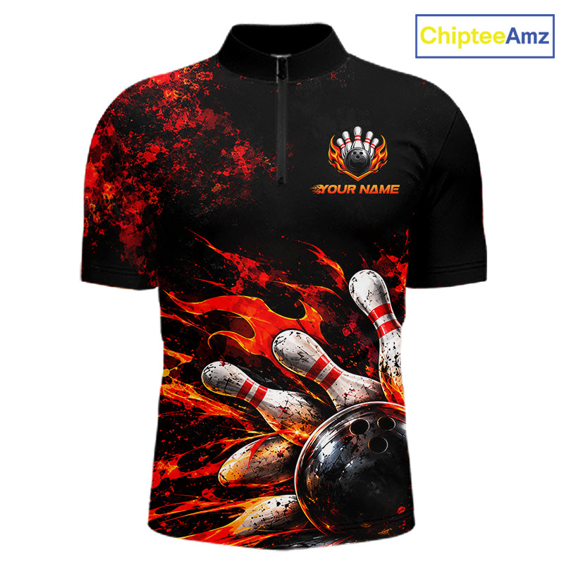 Black And Red Custom Flame Bowling Shirts For Men, Fire Bowling Team Shirt NBT1071