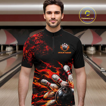 Black And Red Custom Flame Bowling Shirts For Men, Fire Bowling Team Shirt NBT1071