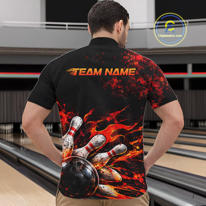 Black And Red Custom Flame Bowling Shirts For Men, Fire Bowling Team Shirt NBT1071