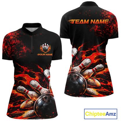 Black And Red Custom Flame Bowling Shirts For Women, Fire Bowling Team Shirt NBT1071
