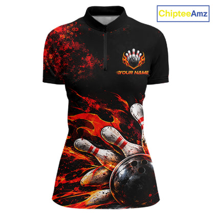 Black And Red Custom Flame Bowling Shirts For Women, Fire Bowling Team Shirt NBT1071