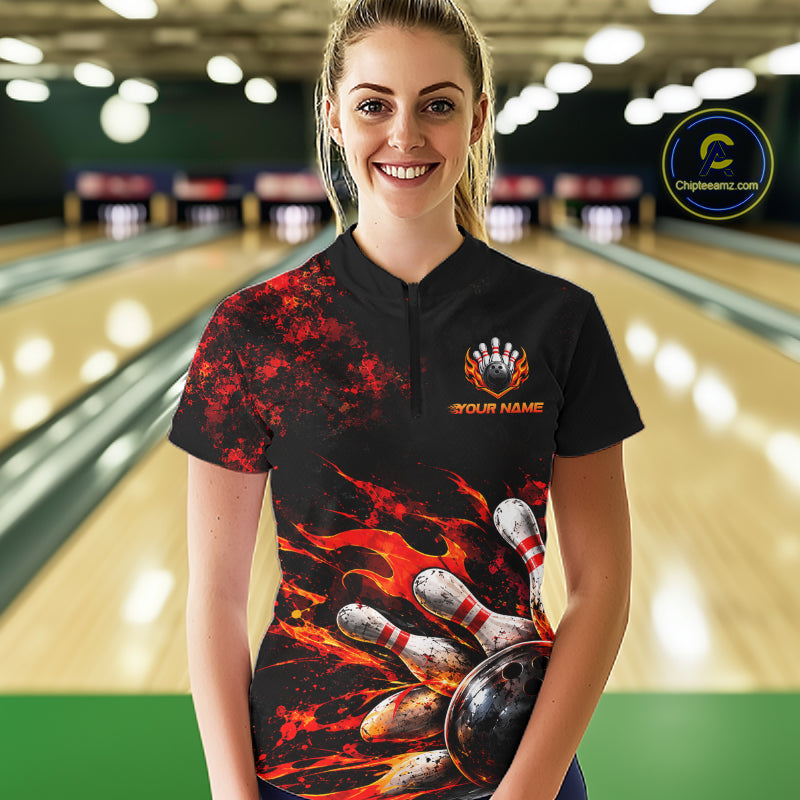 Black And Red Custom Flame Bowling Shirts For Women, Fire Bowling Team Shirt NBT1071