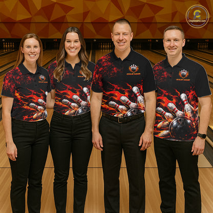Black And Red Custom Flame Bowling Shirts For Men, Fire Bowling Team Shirt NBT1071