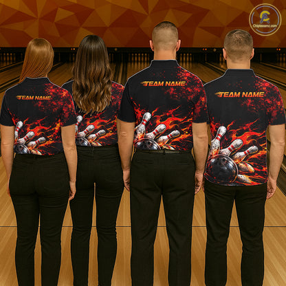 Black And Red Custom Flame Bowling Shirts For Men, Fire Bowling Team Shirt NBT1071