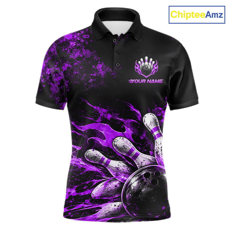 Black And Purple Custom Flame Bowling Shirts For Men, Fire Bowling Team Shirt NBT1072