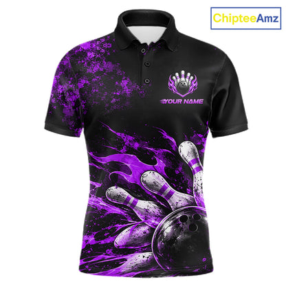 Black And Purple Custom Flame Bowling Shirts For Men, Fire Bowling Team Shirt NBT1072
