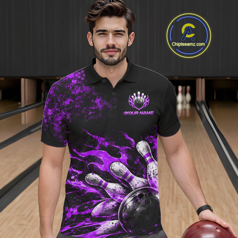Black And Purple Custom Flame Bowling Shirts For Men, Fire Bowling Team Shirt NBT1072