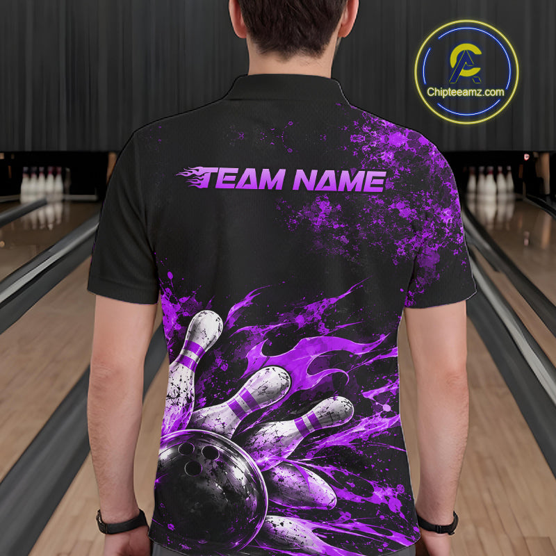 Black And Purple Custom Flame Bowling Shirts For Men, Fire Bowling Team Shirt NBT1072