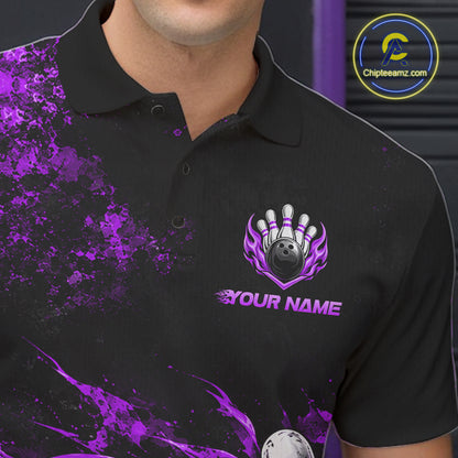 Black And Purple Custom Flame Bowling Shirts For Men, Fire Bowling Team Shirt NBT1072