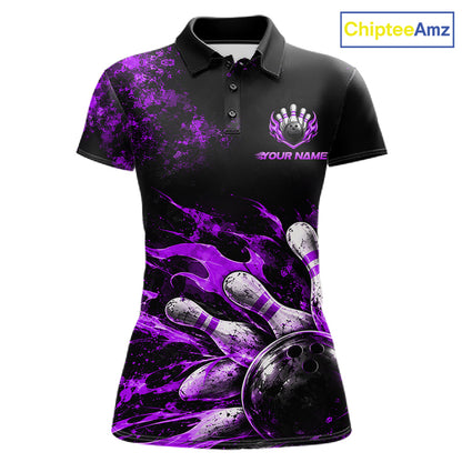 Black And Purple Custom Flame Bowling Shirts For Women, Fire Bowling Team Shirt NBT1072