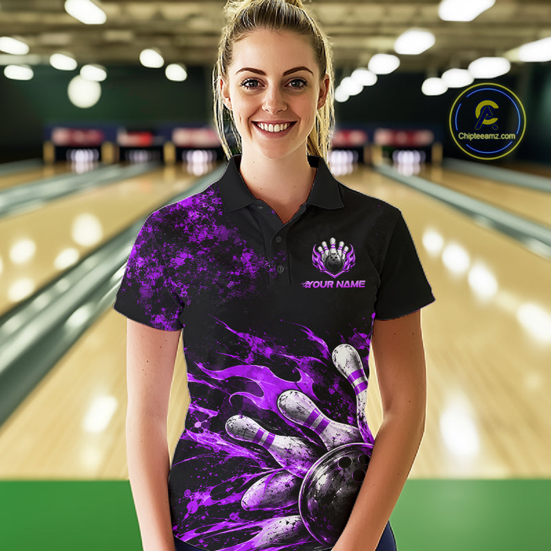 Black And Purple Custom Flame Bowling Shirts For Women, Fire Bowling Team Shirt NBT1072