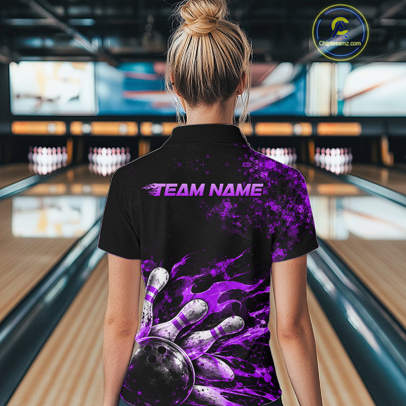 Black And Purple Custom Flame Bowling Shirts For Women, Fire Bowling Team Shirt NBT1072