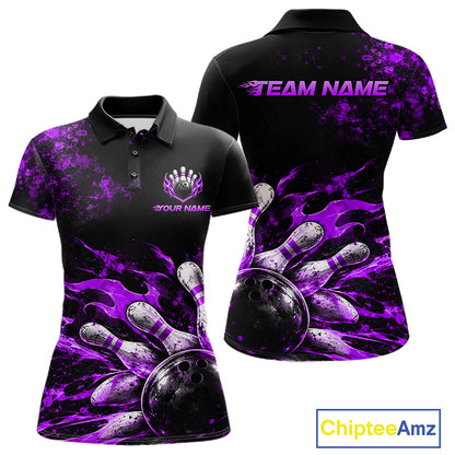 Black And Purple Custom Flame Bowling Shirts For Women, Fire Bowling Team Shirt NBT1072