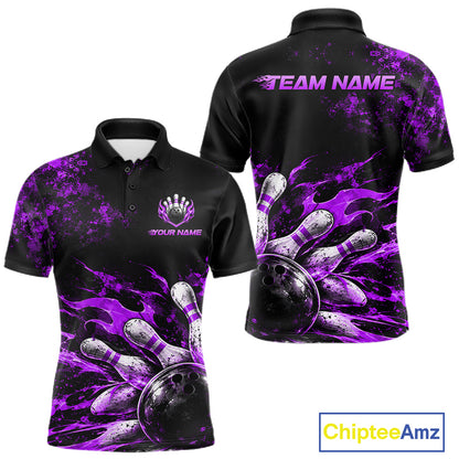 Black And Purple Custom Flame Bowling Shirts For Men, Fire Bowling Team Shirt NBT1072