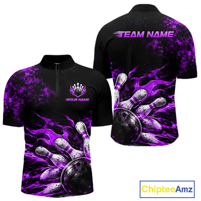 Black And Purple Custom Flame Bowling Shirts For Men, Fire Bowling Team Shirt NBT1072