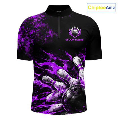 Black And Purple Custom Flame Bowling Shirts For Men, Fire Bowling Team Shirt NBT1072