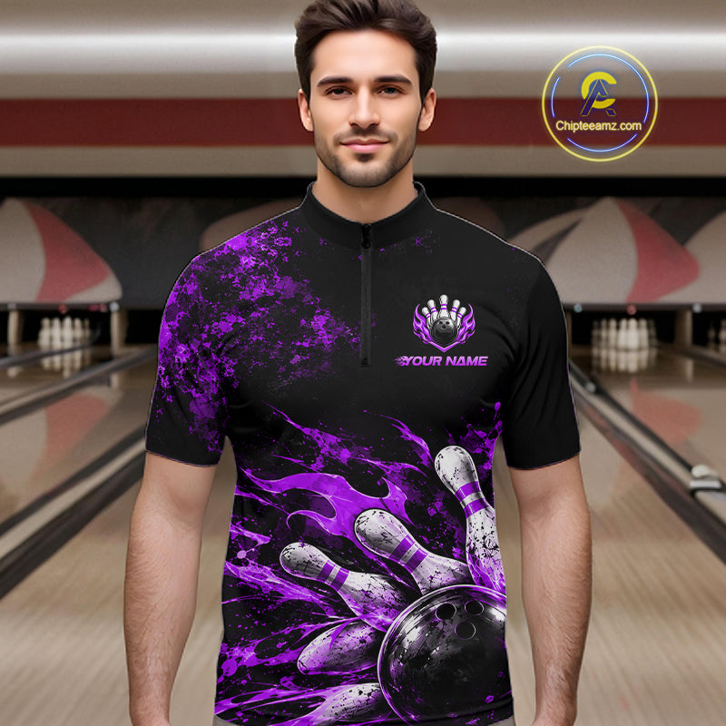 Black And Purple Custom Flame Bowling Shirts For Men, Fire Bowling Team Shirt NBT1072