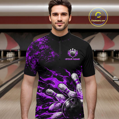 Black And Purple Custom Flame Bowling Shirts For Men, Fire Bowling Team Shirt NBT1072